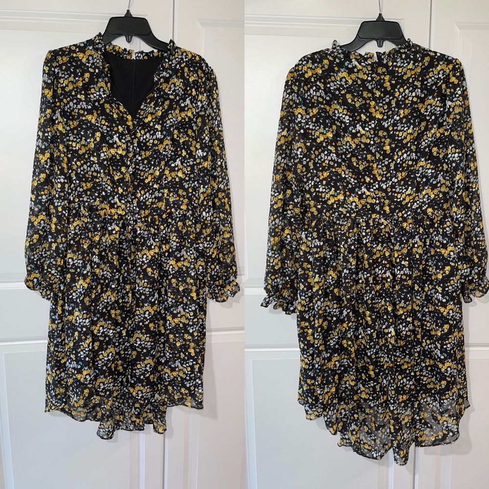 Black Yellow Floral Long Sleeve Prairie Dress